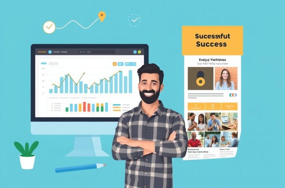 Representação visual de sucesso em marketing digital com gráficos e anúncios.