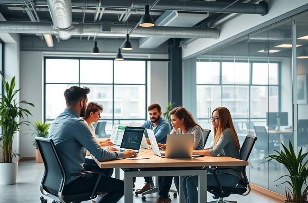 Espaço de trabalho moderno com equipe desenvolvendo planos de marketing digital.