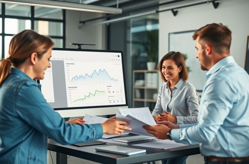 Equipe colaborando sobre estratégias de marketing digital com Google Ads.