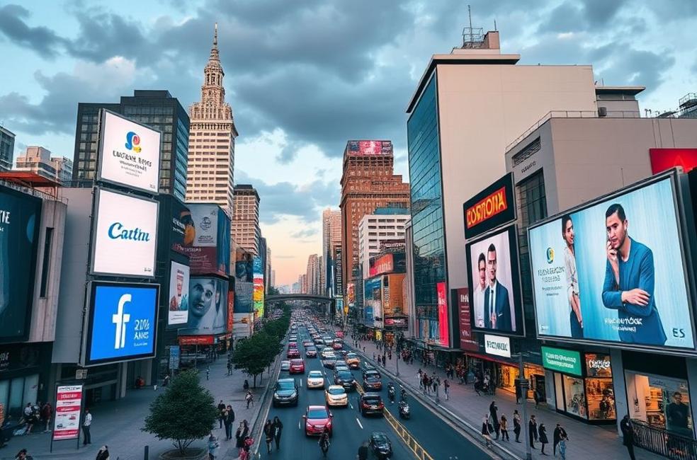 Vista da cidade de Vitória com anúncios digitais e movimento urbano.