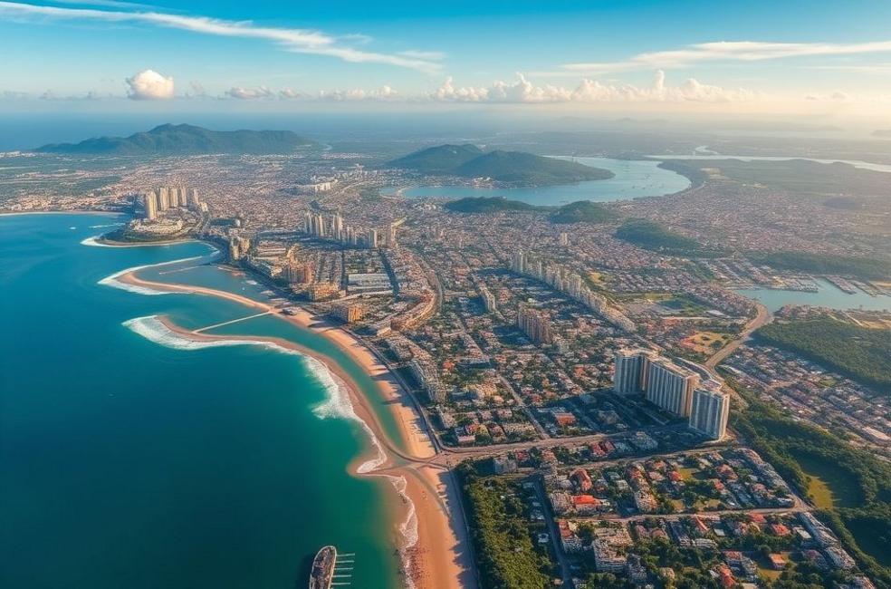 Vista aérea de Florianópolis mostrando uma cidade dinâmica com potencial de marketing digital.