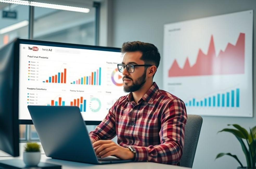 Profissional de marketing em Pato Branco analisando dados de YouTube Ads.