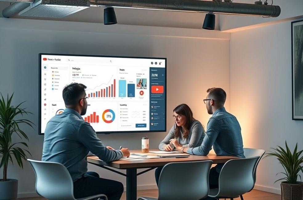 Equipe de marketing discutindo estratégias de Youtube Ads.