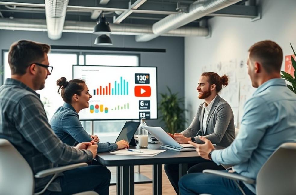 Escritório moderno de marketing com equipe trabalhando em campanhas de vídeo.