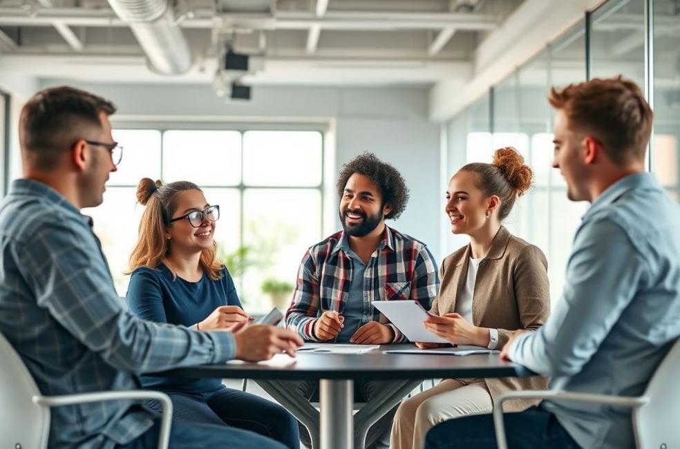 Grupo de profissionais de marketing discutindo estratégias no escritório.