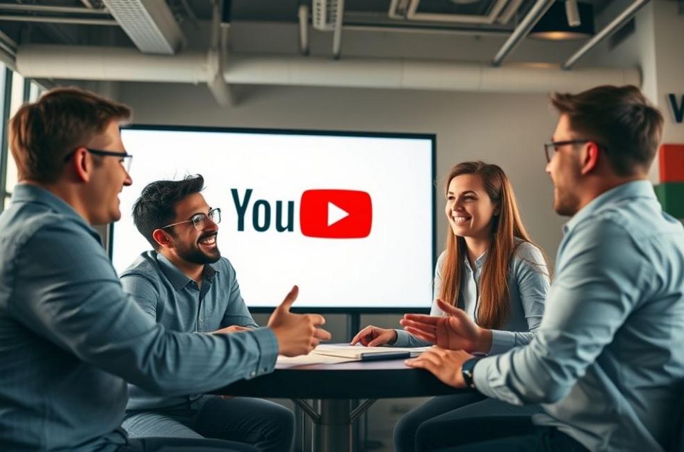 Equipe de profissionais discutindo entusiasticamente sobre estratégias de anúncios no YouTube.