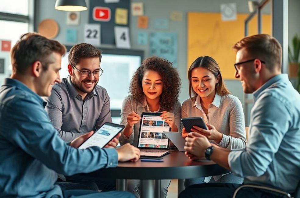 Grupo de pessoas discutindo estratégias de marketing digital com anúncios do YouTube na tela.
