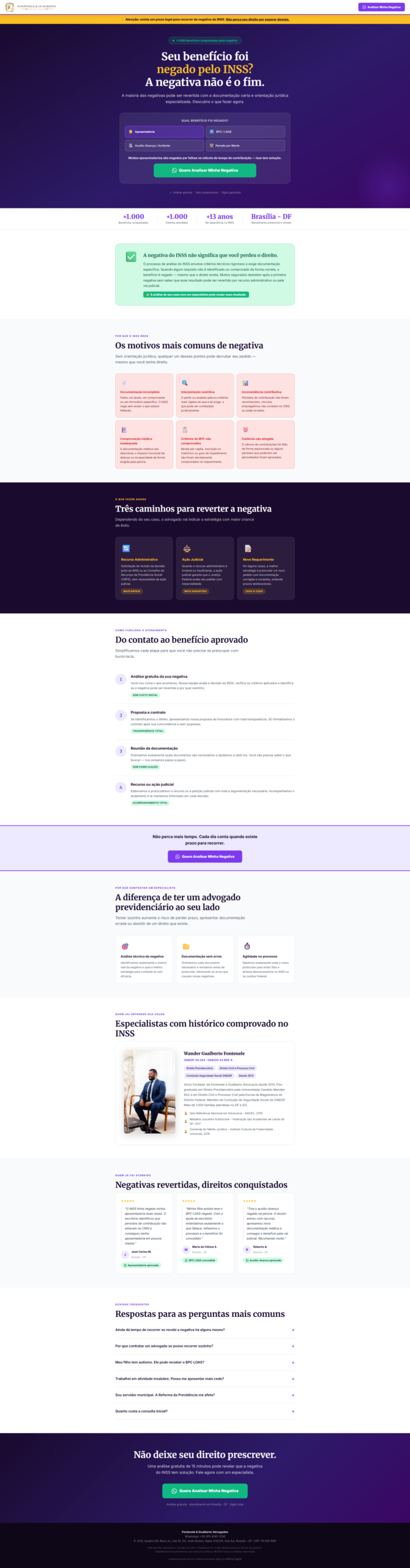 Landing page Fontenele e Gualberto, benefício negado pelo INSS